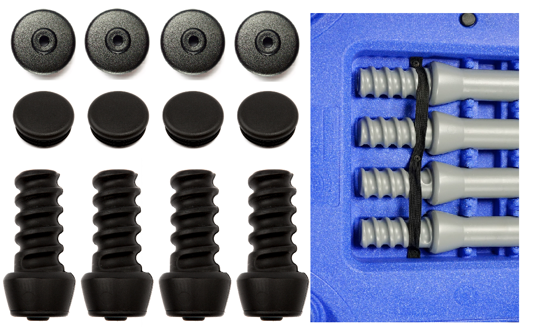 An accessory kit for KLIMB Platform, including black 'Sure Feet' caps, six-inch short legs, and a strap for storage, displayed on a blue background.