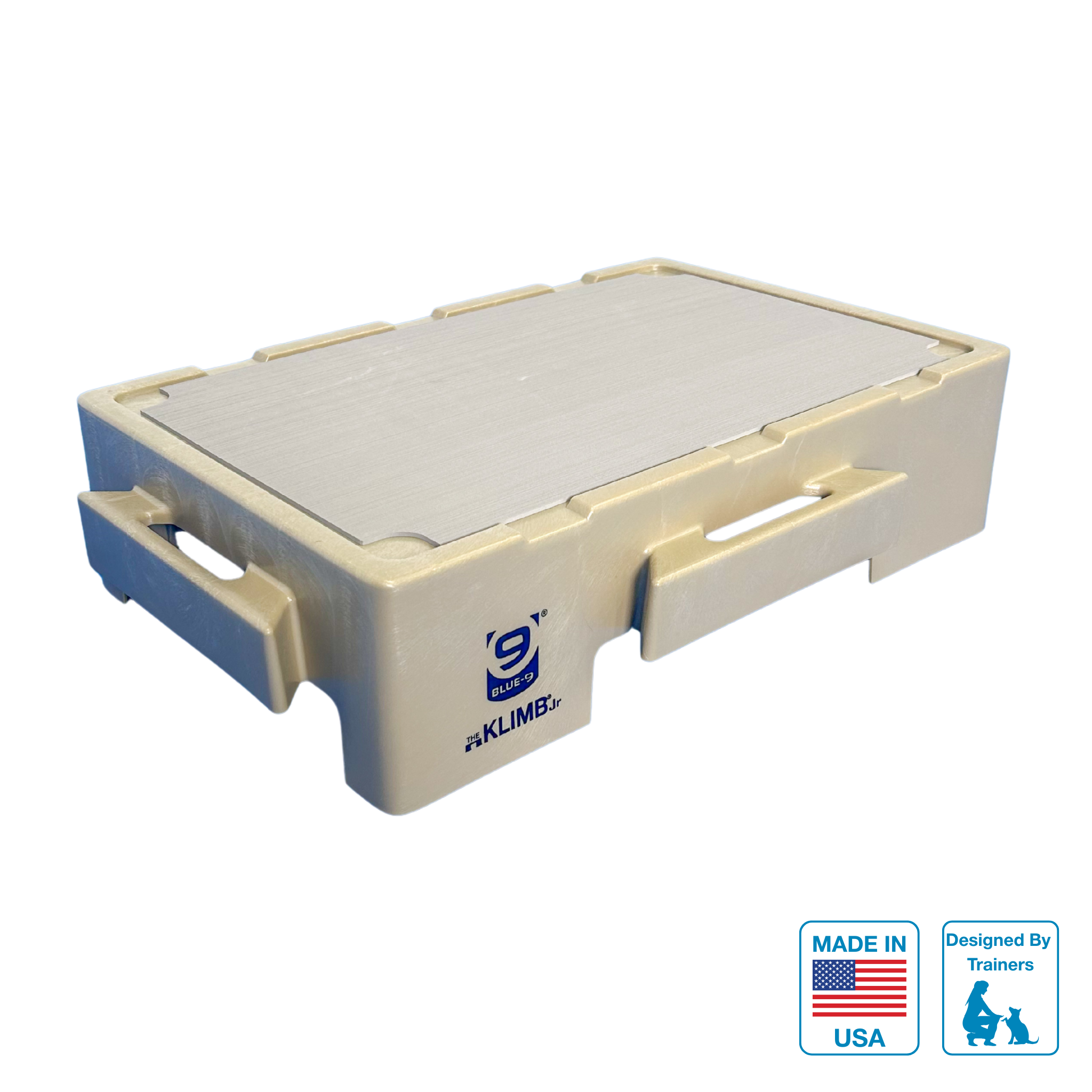 Tan KLIMB dog training platform with 'Made in USA' and 'Designed by Trainers' labels on a white background