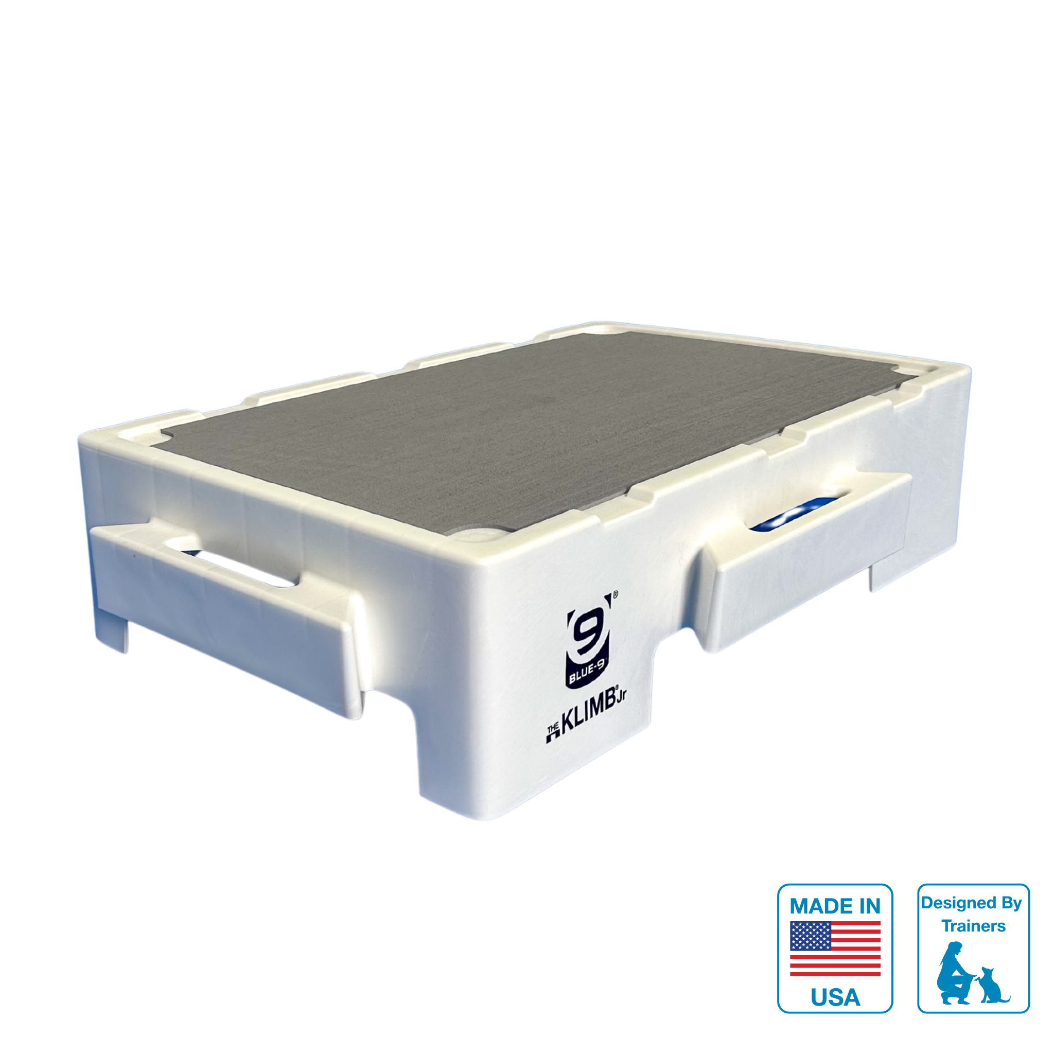 White KLIMB Jr dog training platform shown at an angle with its grey non slip surface on a white background.