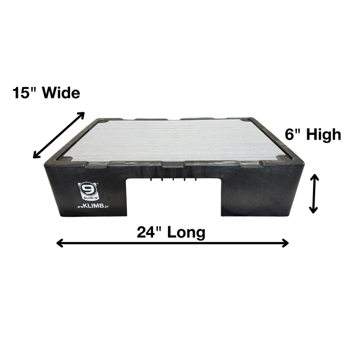 Black KLIMB Jr showing the measurements of the platform on a white background. Reads 15" wide, 24" long and 6" high.