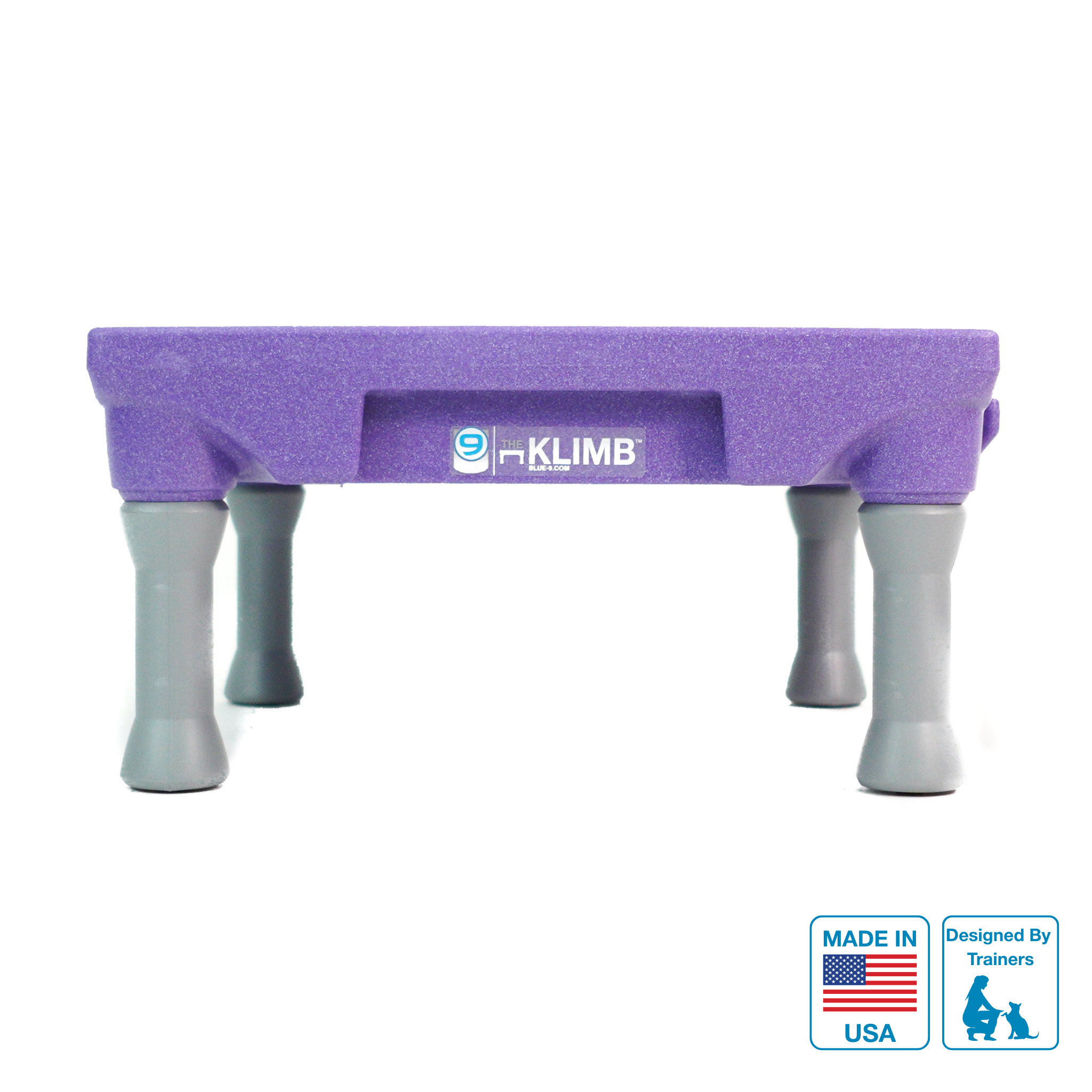 Purple KLIMB Dog Training Platform with grey legs on a white background. With a Made in USA badge and Designed by Trainers badge