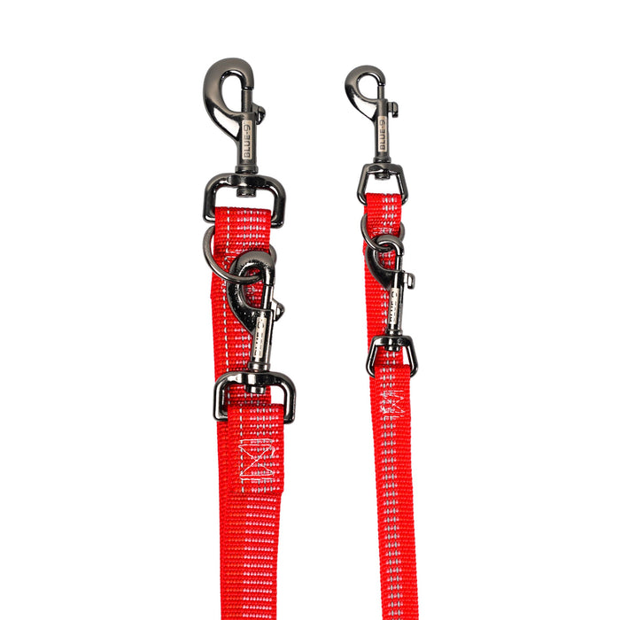 Close up of webbing widths and hardware of the multi-function leash on red 3m reflective webbing