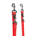 Close up of webbing widths and hardware of the multi-function leash on red 3m reflective webbing