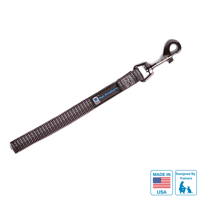 grey reflective tab leash with blue-9 pet products logo and silver hardware on a white background
