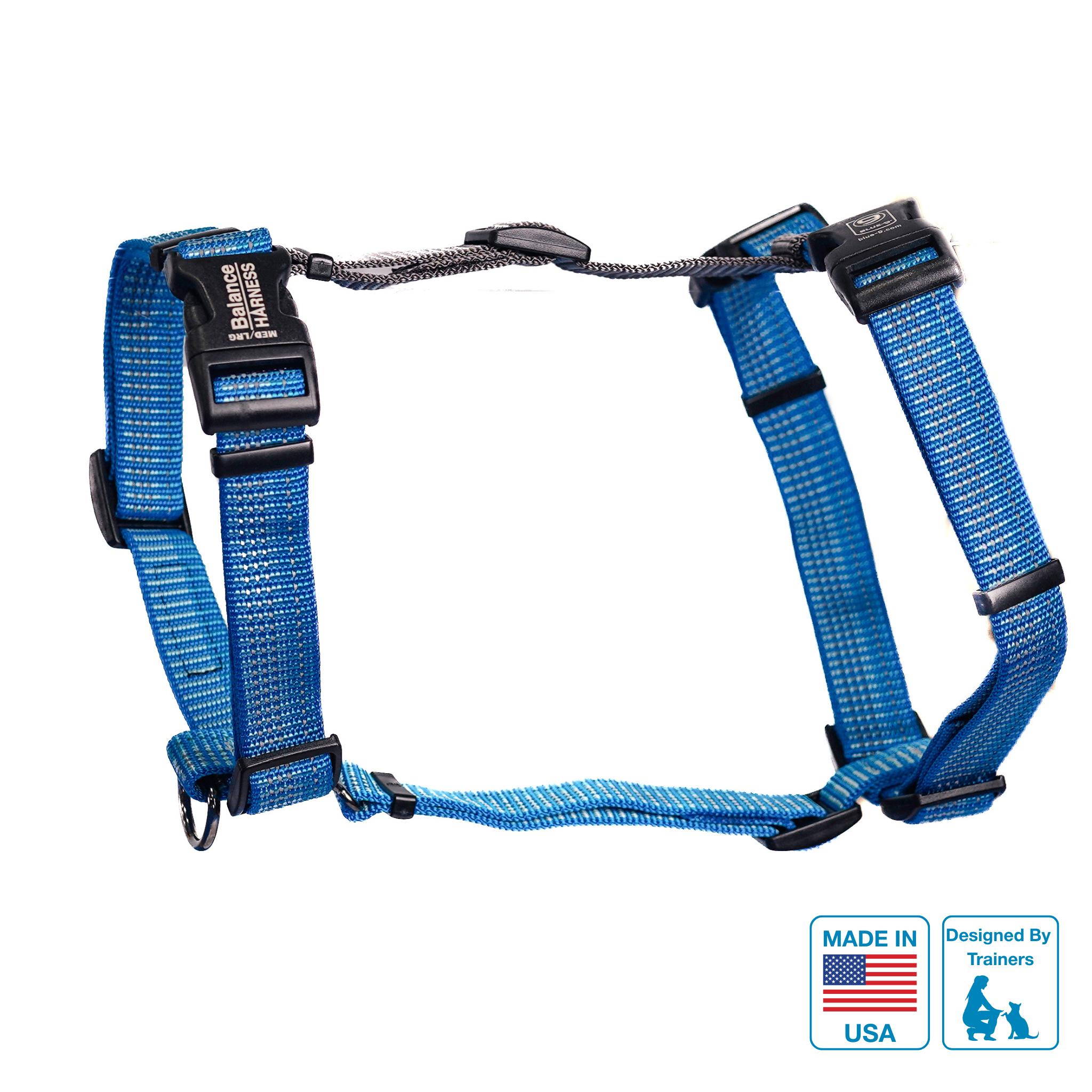 Blue Reflective Balance Harness with black buckles displayed on a white background