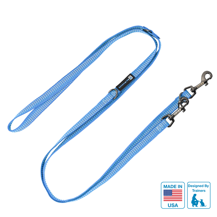 Blue Reflective Multi-Function leash with silver hardware on a white background