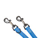 Close up of hardware on blue reflective leashes displayed on a white background