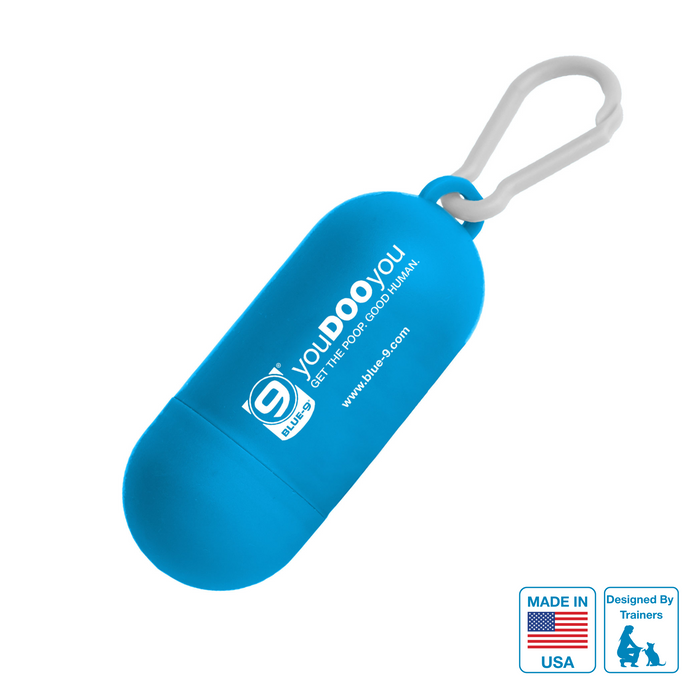 Blue pet waste bag dispenser with 'YOU DOO YOU' branding on a white background