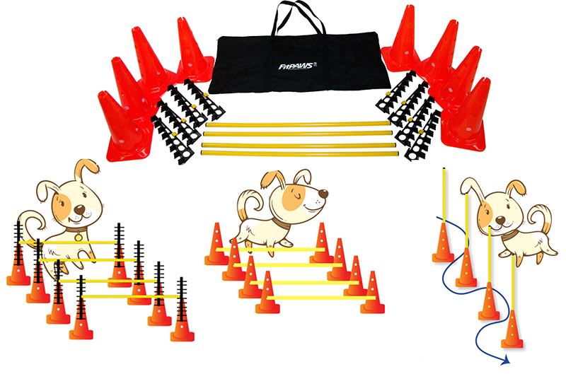 FitPAWS® Hurdle Set (4 jumping bars, 8 height-adjustment atttachments, 8 orange cones, 1 black nylon carrying bag)